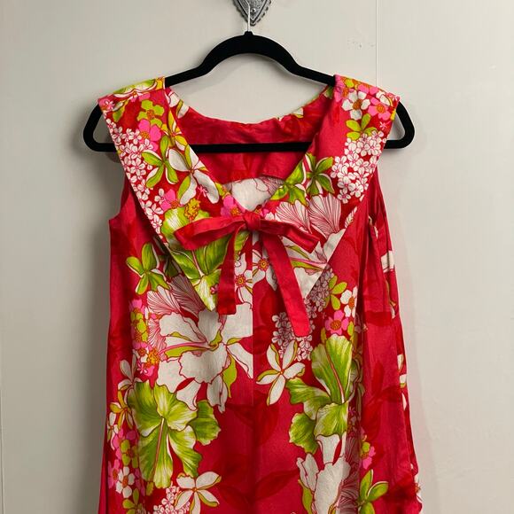 1960s Vintage Hawaiian M red white green tropical maxi dress REEF hibiscus - Picture 6 of 7